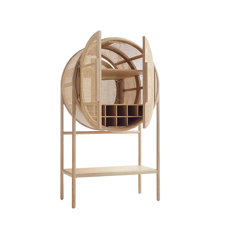 Umweltfreundlicher moderner Rattan-Geflecht-Weinregal aus massivem Eichenholz, modularer Barschrank für das Wohnzimmer