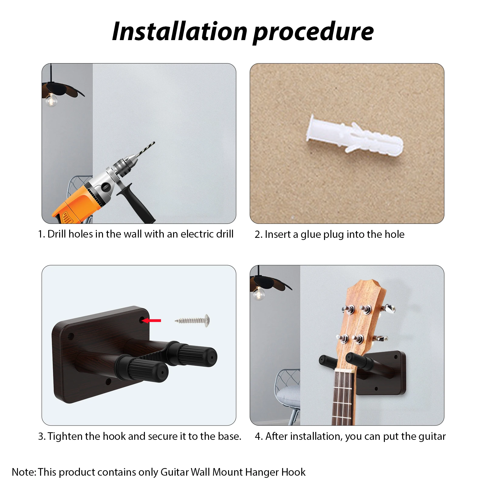 기타 벽 마운트 행어 후크, 목재 기타 벽 드릴링 후크 행어, 견고한 거치대 행어, 기타용 미끄럼 방지 행어