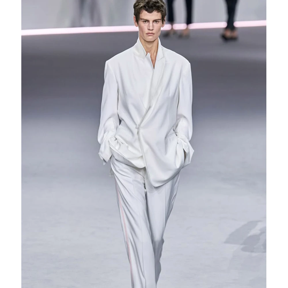 

White Asymmetric Design Single-Breasted Men's Suit 2 Piece Jacket Pant Set Peak Lapel Loose Fit Daily Party Casual Male Outfits