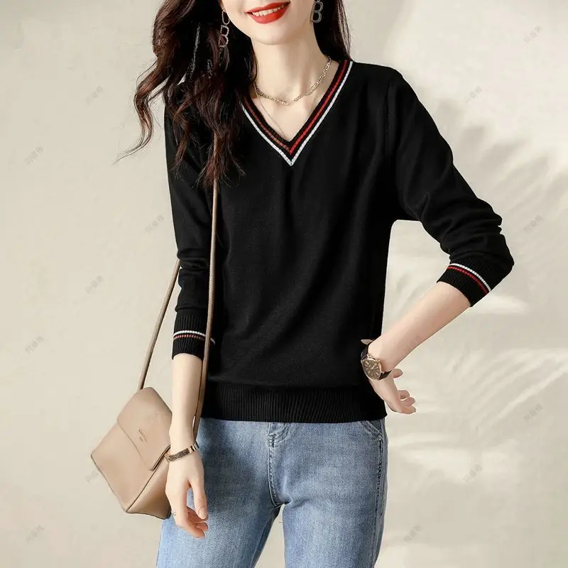 Women Clothing 2024 New Long Sleeve V-neck Knit Pullovers Spring Autumn Fashion Versatile Thin Black Sweaters Chic Loose Tops