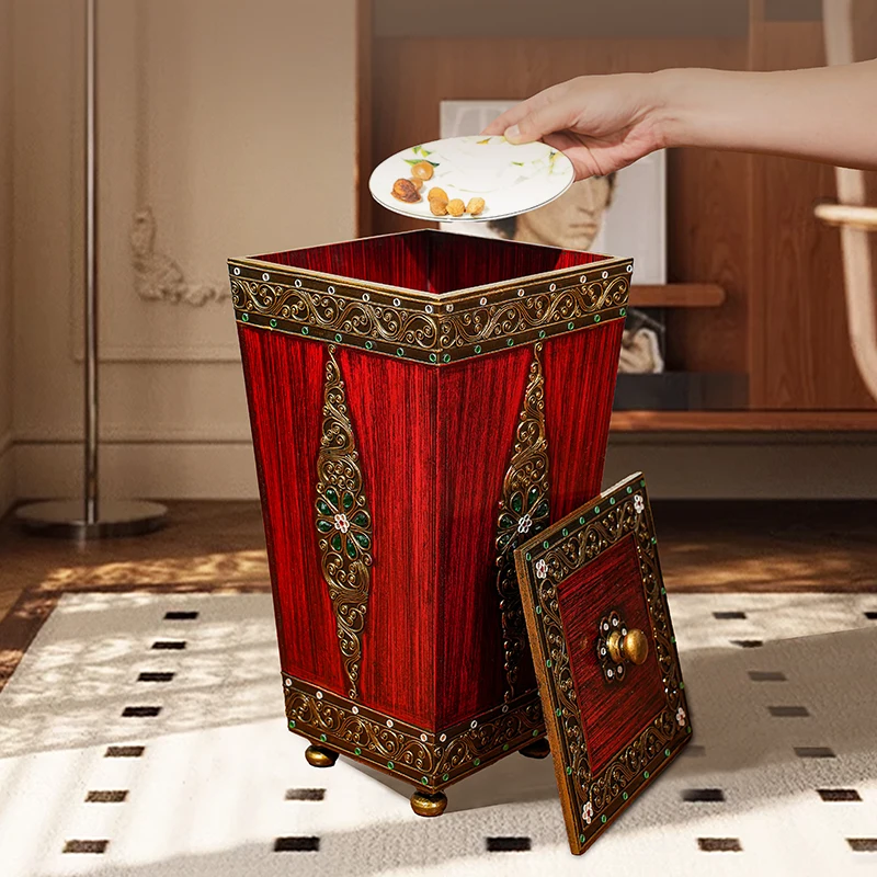 Solid wood trash can household living room with lid wooden large trash can bedroom kitchen dining room paper basket Chinese styl