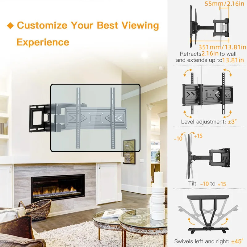 BEISHI Full Motion TV Wall Mount for 40-80 Inch TVs, Hold up to 121lbs, Max VESA 600x400mm, Swivel Tilt Dual Arm Easy Assembly view 3