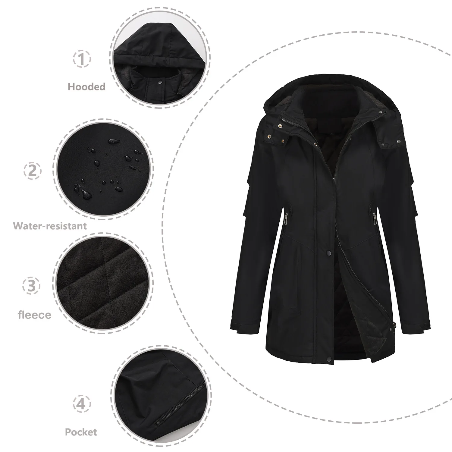 Women Parkas Coats Hooded Zipper Mid Length Jackets Full Sleeve Thick Warm Y2k Streetwear Elegant Work Coat Autumn Winter 2025