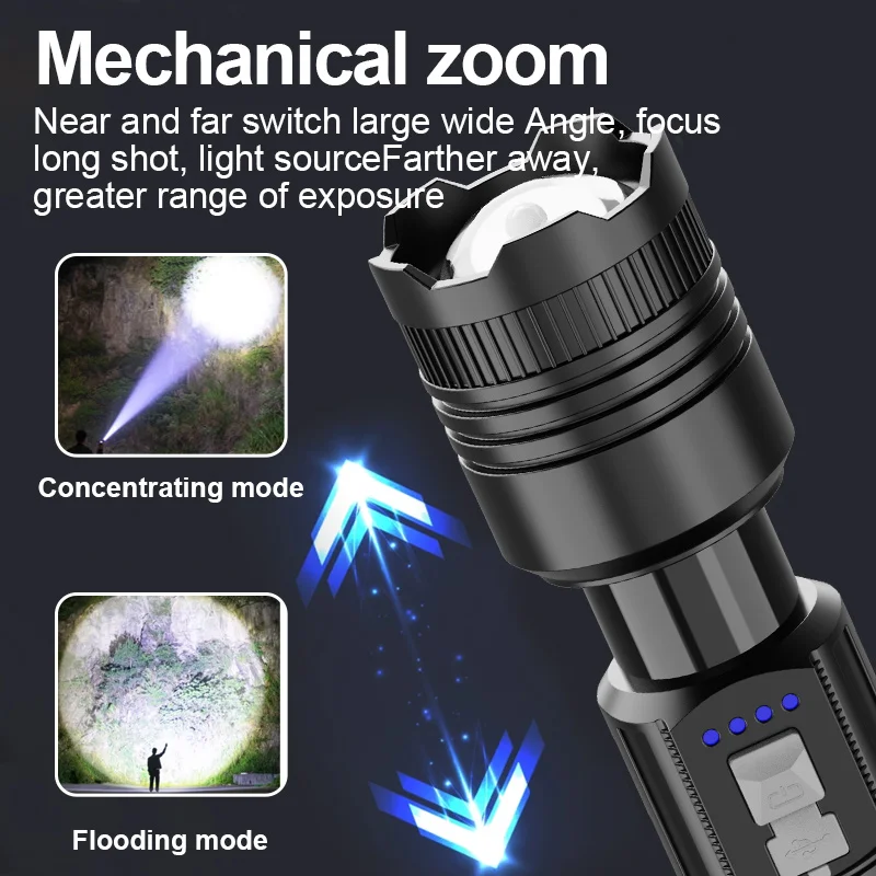 Strong and ultra bright long-range flashlight with adjustable zoom and multiple levels of focus, floodlight, and long-range lase