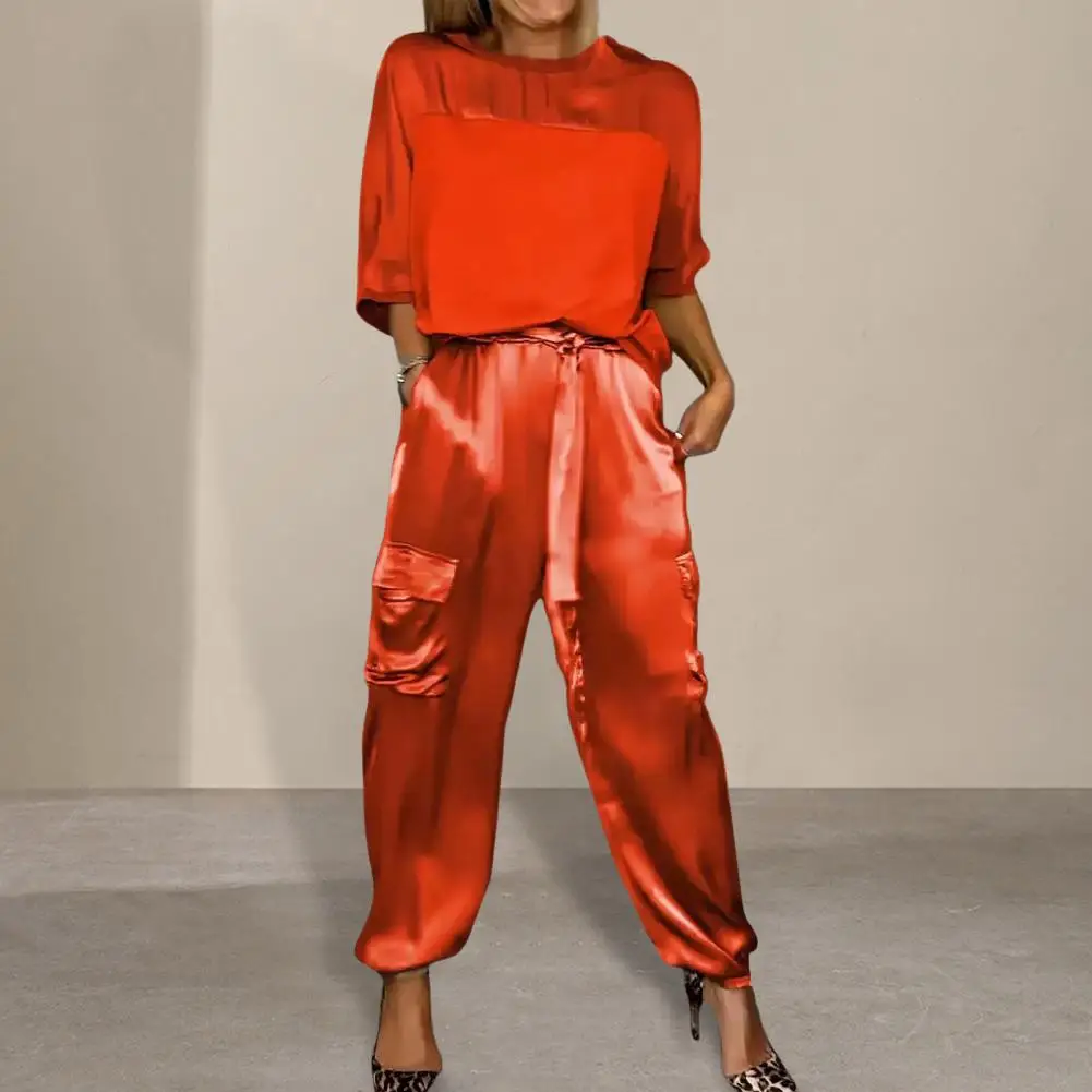 Conjunto monocromático de 2 peças acetinado para mulheres, gola redonda, top e calça de manga comprida, casual solto na moda, primavera e verão