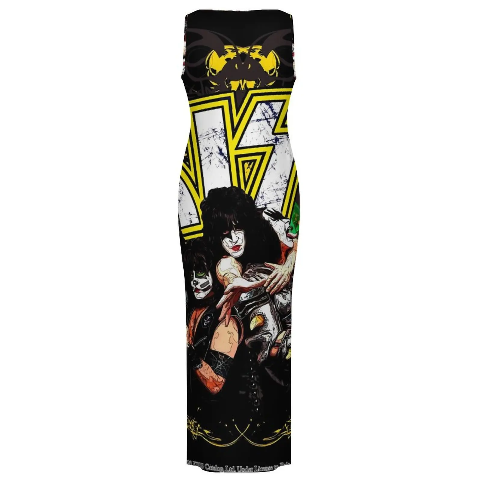 Kiss Band Bodycon Dress Spring Yellow and Black Modern Maxi Dresses Woman Sleeveless Printed Street Style Dress Big Size 3XL 4XL