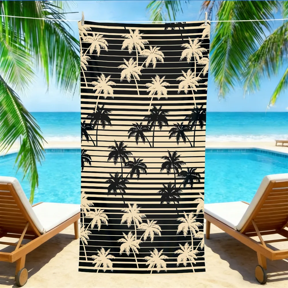 

Пляжное полотенце в ретро-стиле с полосками и принтом пальм – большое, быстросохнущее, не впитывает песок, с черно-бежевым принтом