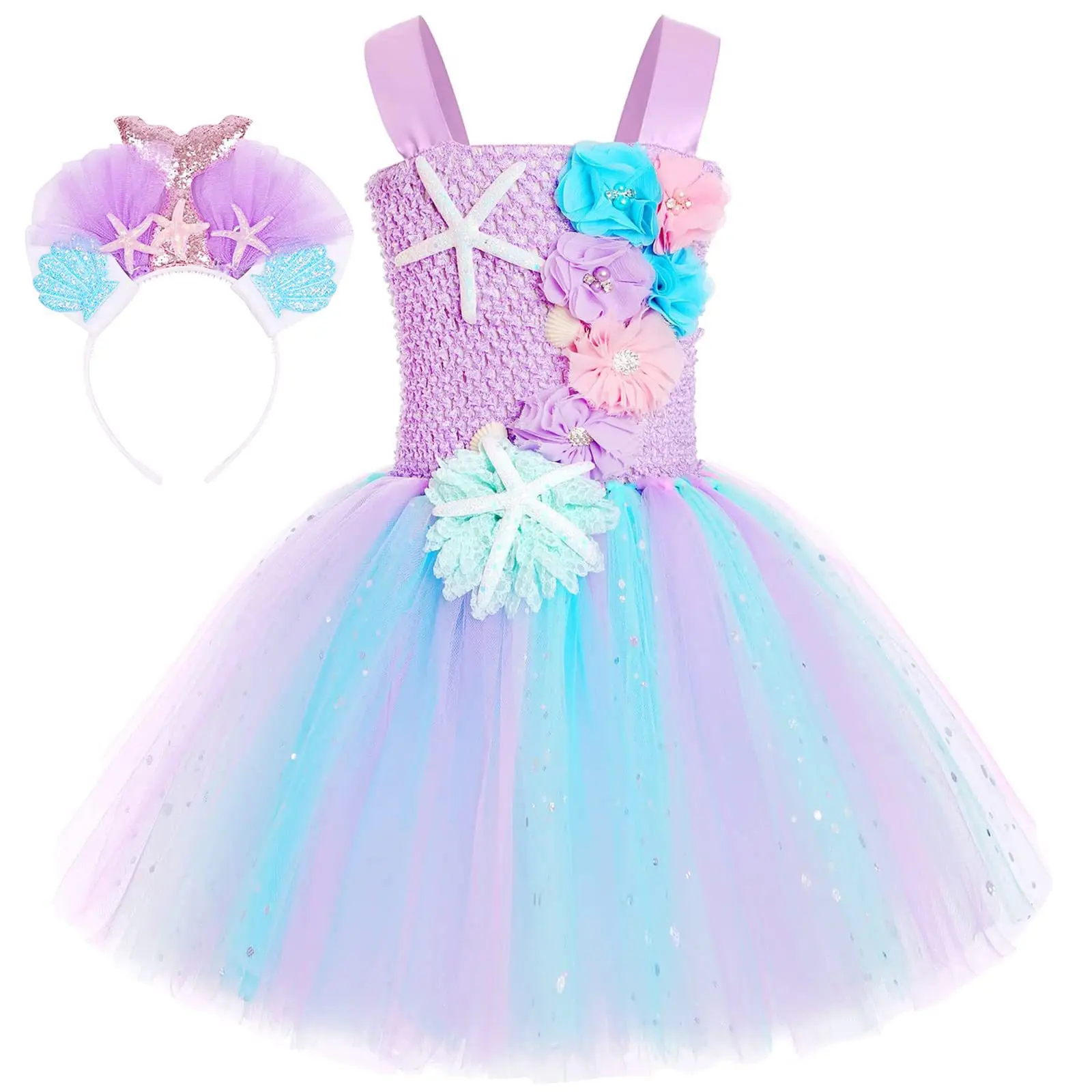 Pricness Girls Mermaid Tutu Dresses with LED Lights Sea Theme Party Starfish Ariel Cosplay Costumes Purple Ball Gown Dress