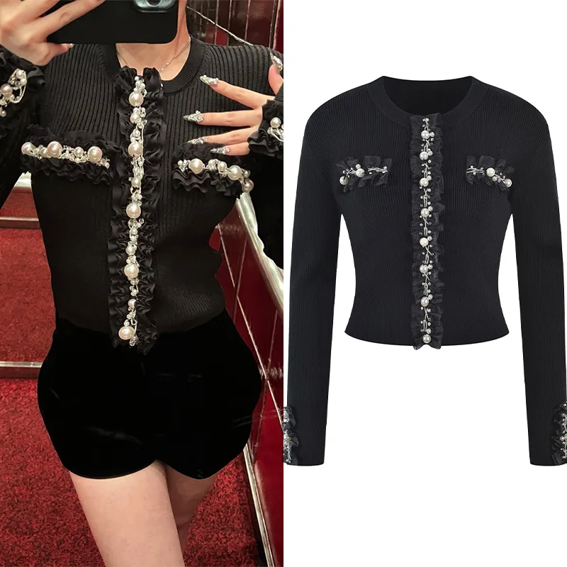 

2025 Autumn Winter New Knit Sweater Pearl Studded Chain Slim Fit Round Neck Long Sleeve Black Short Top