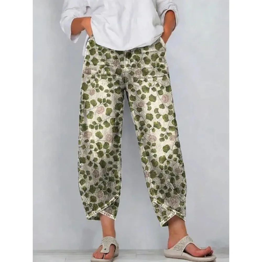 Vintage Blumenmuster Cropped Harem Caprihose Damen Baumwolle Locker Sitzende Tulpen-Wickelhose Knöchellange Freizeithose Sommer Streetwear – Detail 2