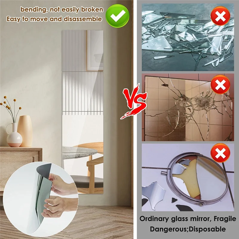 BUONO-4 Pezzi Specchio autoadesivo non in vetro Specchio sottile flessibile per decorazione da parete fai-da-te per camera da letto familiare Armadio Bagno Durevole