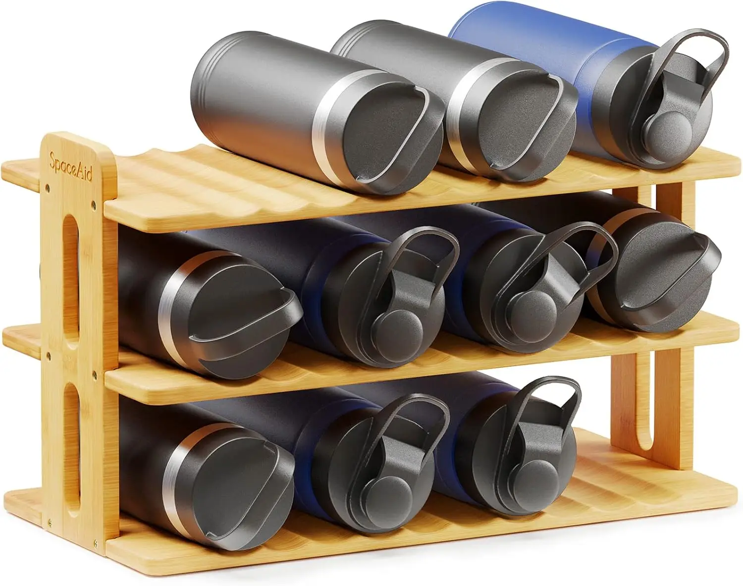 

3-Tier Bamboo Water Bottle Organizer with Labels, Kitchen Pantry Storage Rack for Cabinets and Home Cup Holder Shelf