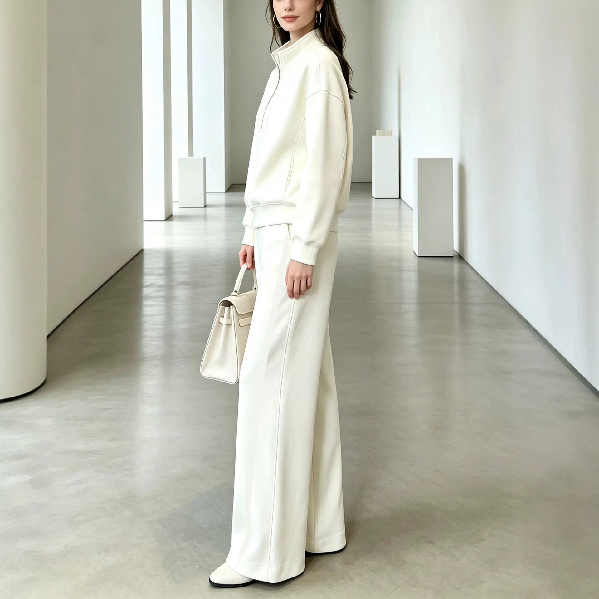 Women's autumn and winter new temperament semi-zipper stand-up collar sweater set women's wide-leg pants casual two-piece set