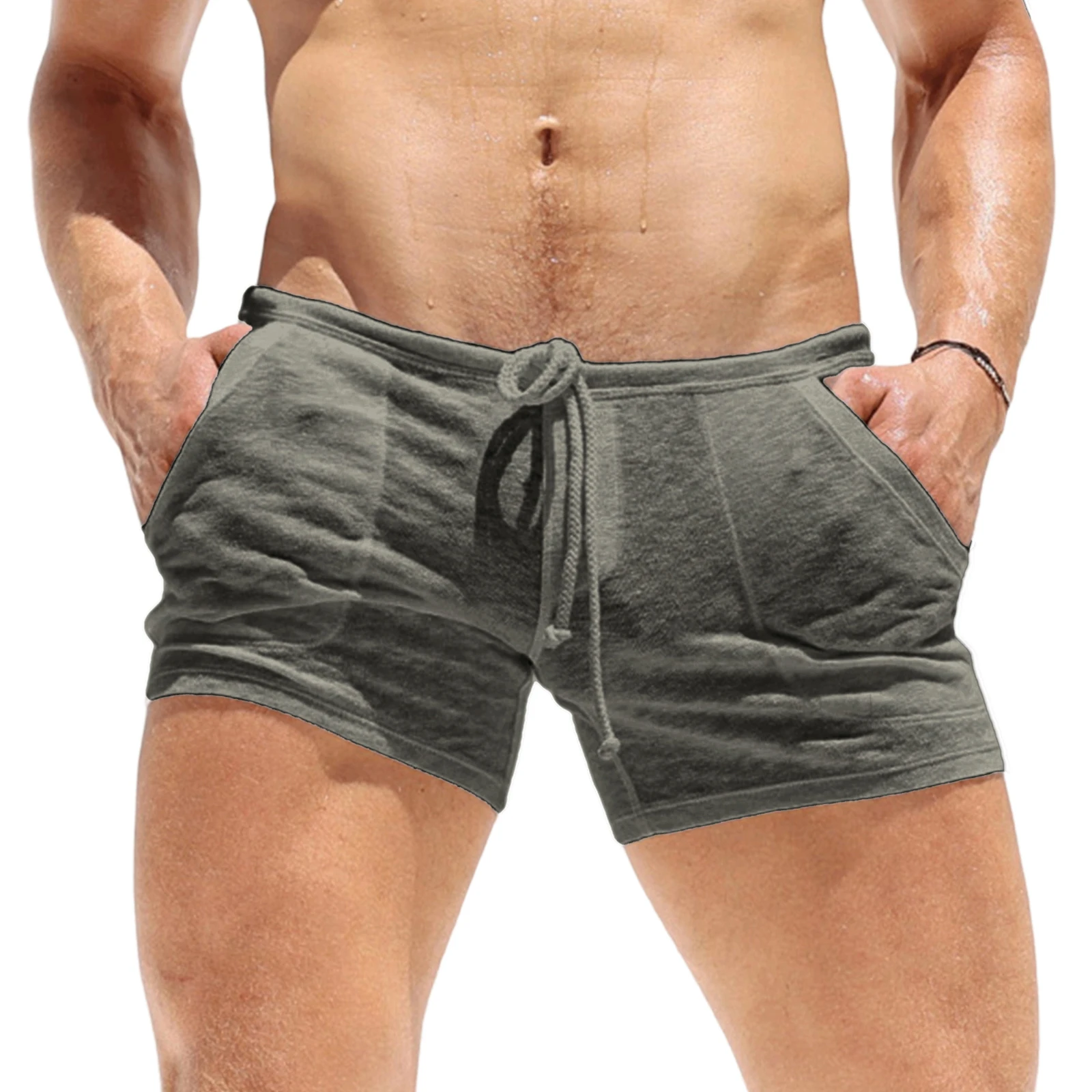 2026 Summer Men's Drawstring Shorts with Pockets Fashion Male Slim Stylish Casual Solid Color Ultra-thin Breathable Shorts