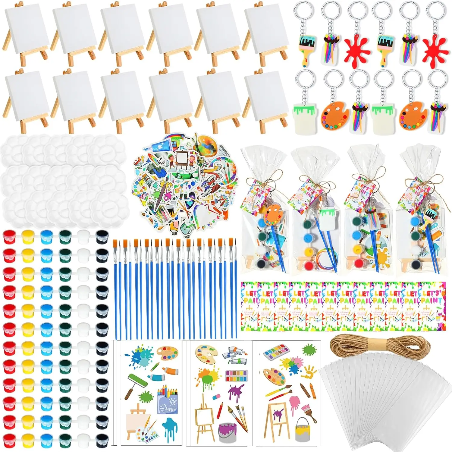 254 Pcs Art Party Set with Canvas Easel, Watercolor Paint, Palette, Brush & Stickers for Creative Gifts