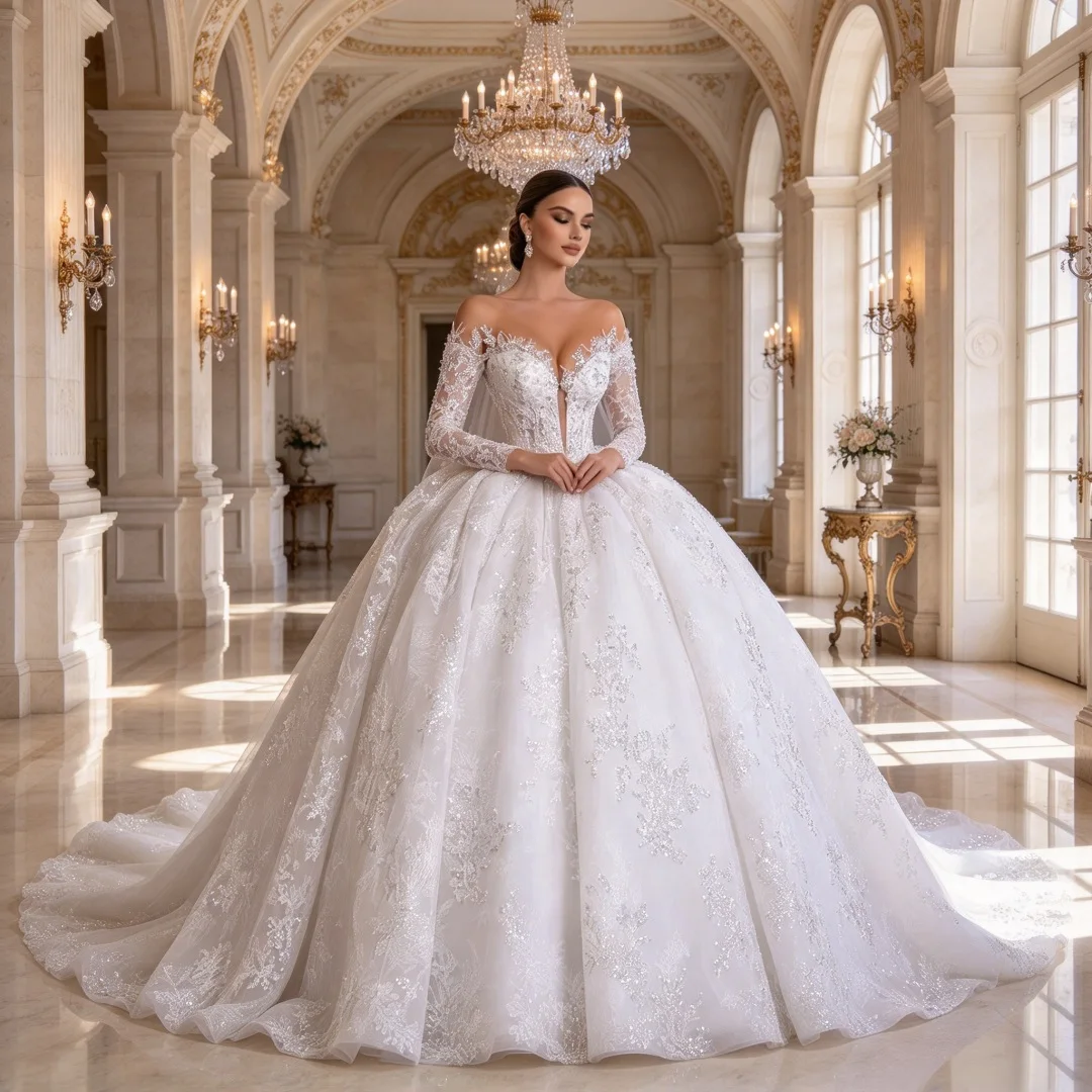 Custom Wedding Dress Elegant Off The Shoulder Long Sleeve Lace Bridal Gown Ball Gown With Train Formal Bride Dress