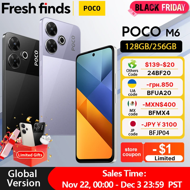 【World Premiere】POCO M6 Smartphone Global Version Helio G91 Ultra 108MP Pro-Grade Main Camera 33W Fast Charging 5030mAh Battery