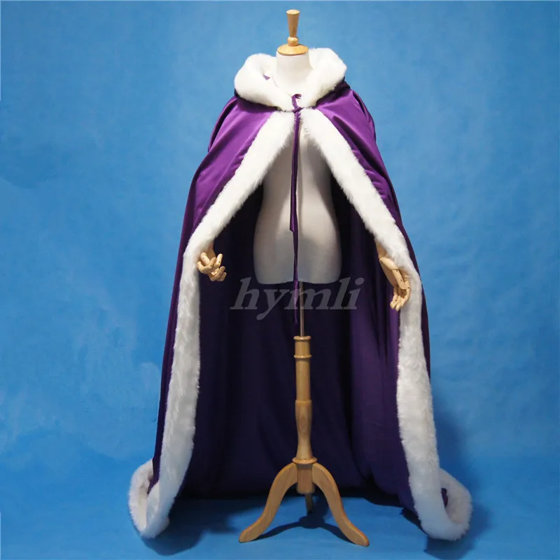 High Quality Purple Bridal Cloak Winter Hooded Faux Fur Trim Satin Wedding Cape Shawl Cape Mantles Manto