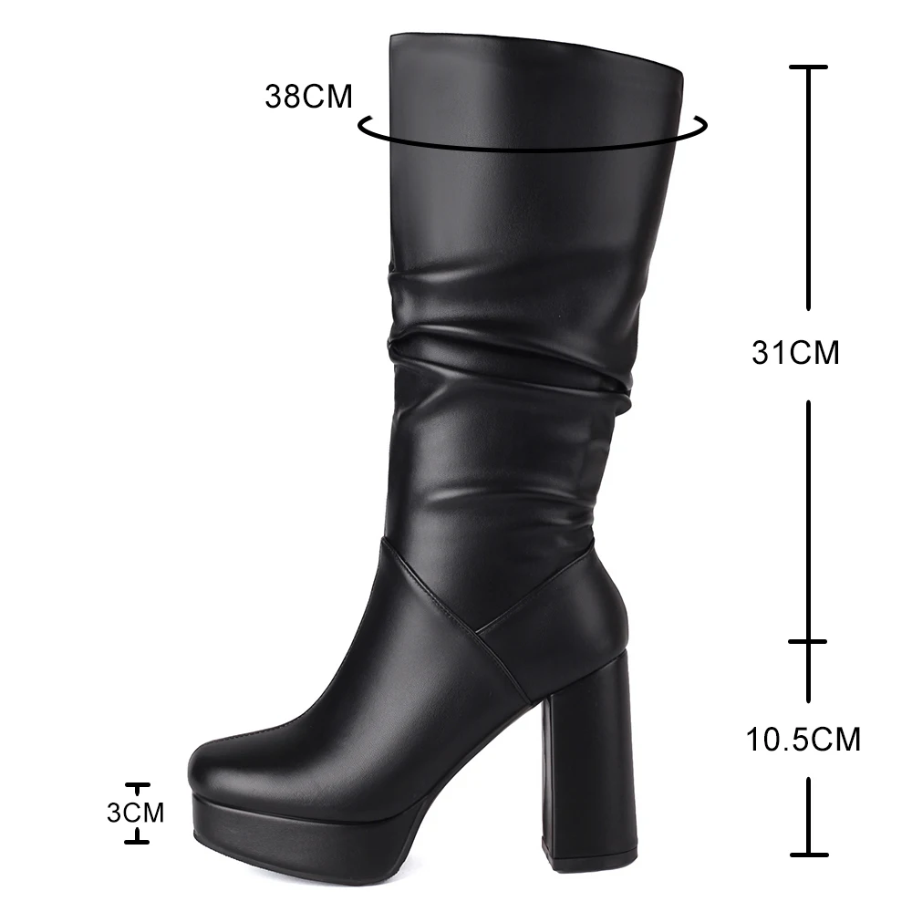 Brand Designer punk pleated Mid Calf boots round toe Motorcycle Boot woman high heels shoes black thick platform knee high boots