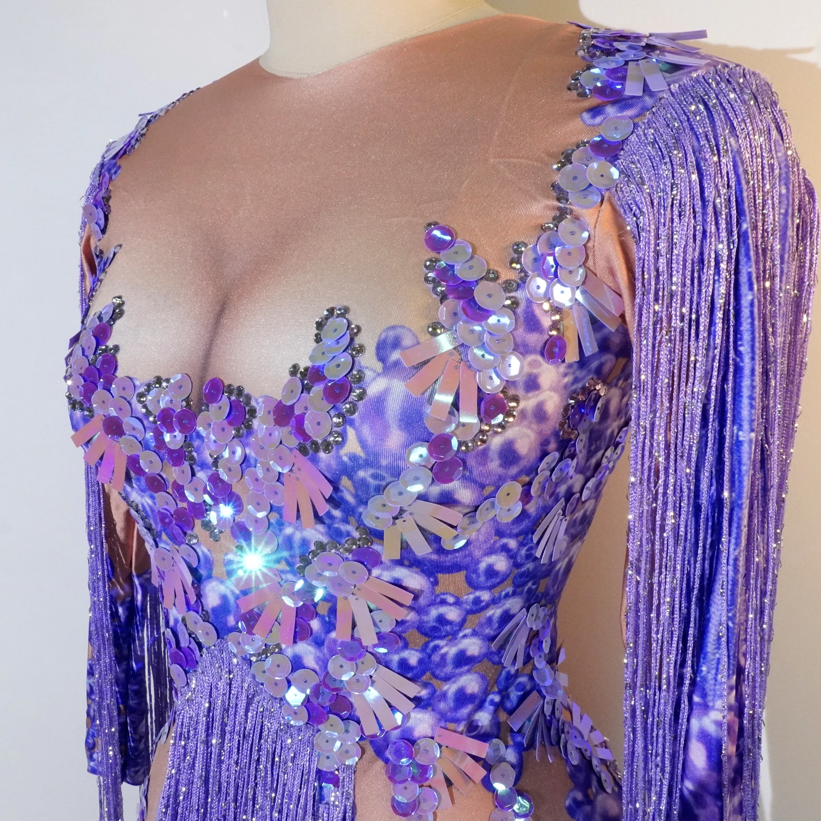 Custom Purple Fringes Sequin bodysuit women sexy Latin dance outfits stage performance party birthday club drag queen costumes