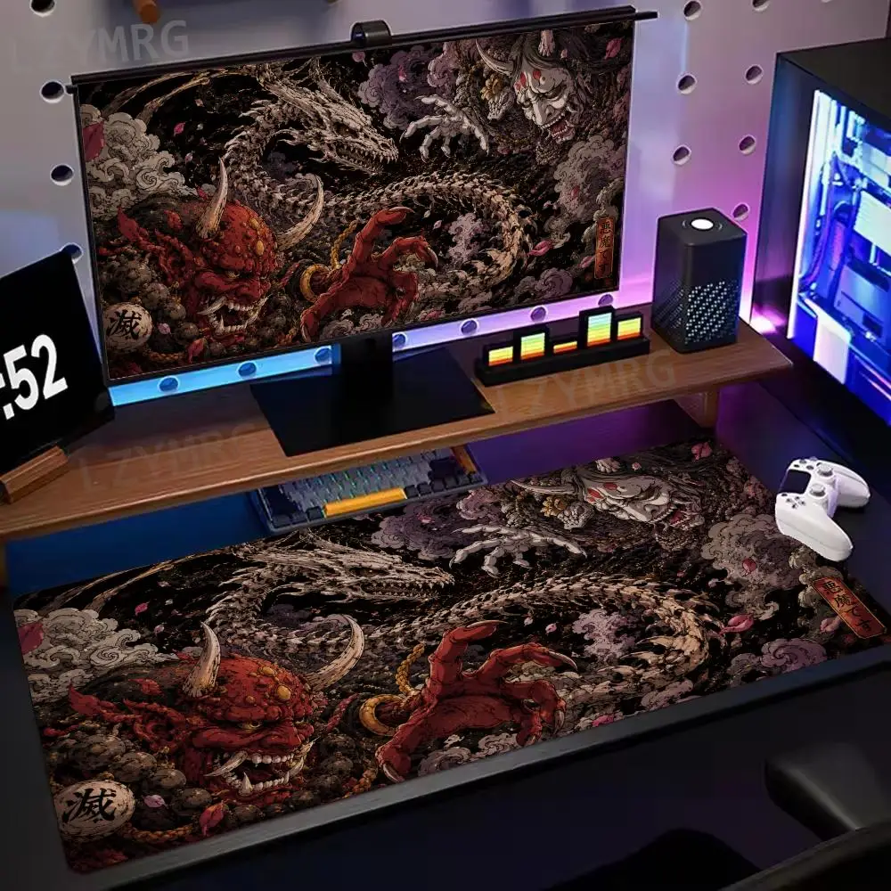 Vintage Ukiyo-e Two Oni Ghost Bone Dragon Dark Smoke Decor Pattern Soft Rubber Extended Computer Gaming Mouse Mat