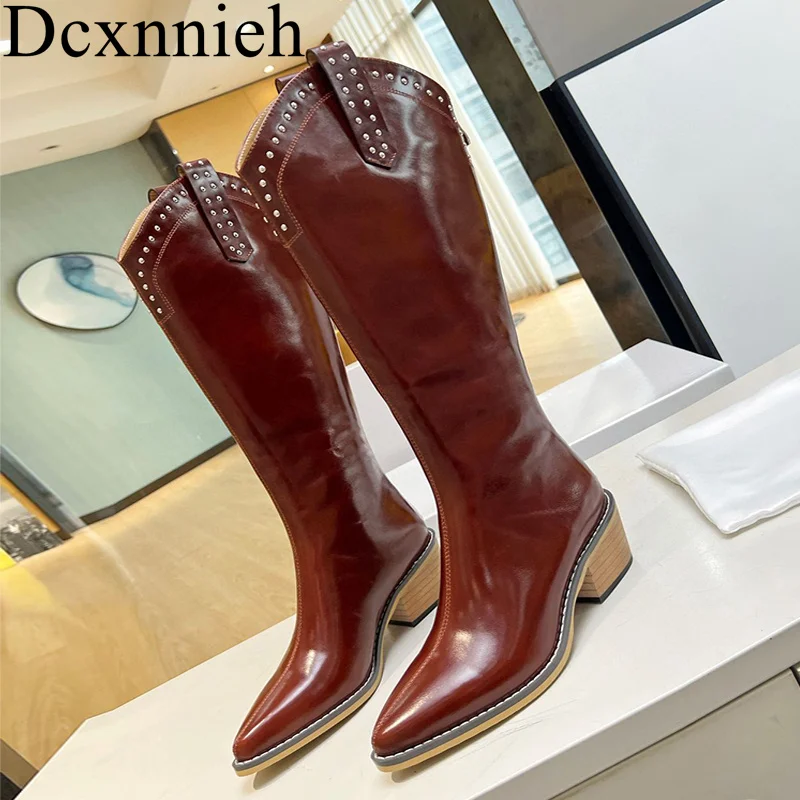 

Pointed Toe High Heel Knee High Boots Women Real Leather Rivet Decor Knight Long Booties Runway Autumn Winter Shoes Morden Boots