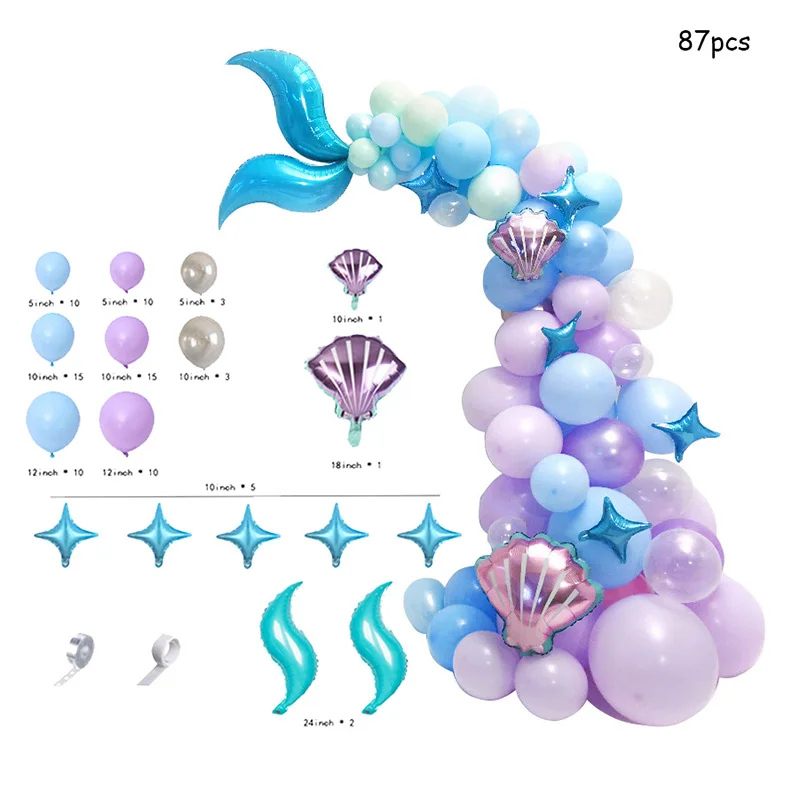 87pcs Mermaid Balloon Garland Arch Kit Purple Blue Balloon With Sea Shell Mermaid Tail Little Mermaid Birthday Party Decoration