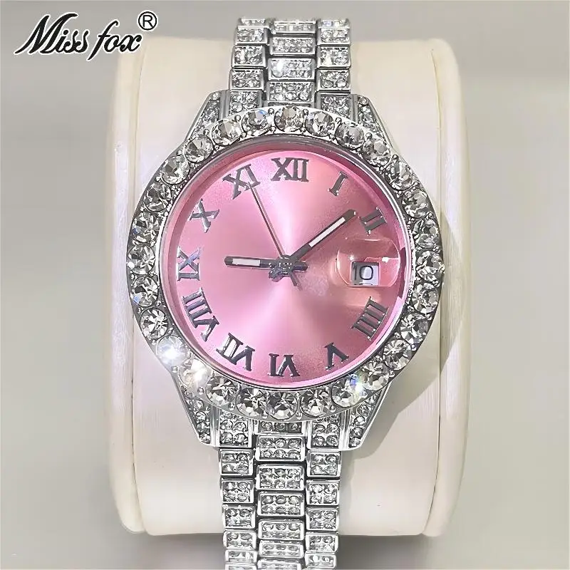 Iced Out Watch Women Fashion Roman Scale Pink Dial Luxury Diamond Calendar Waterproof Quartz Watches for Woman Gift Drop Shippin - view 3