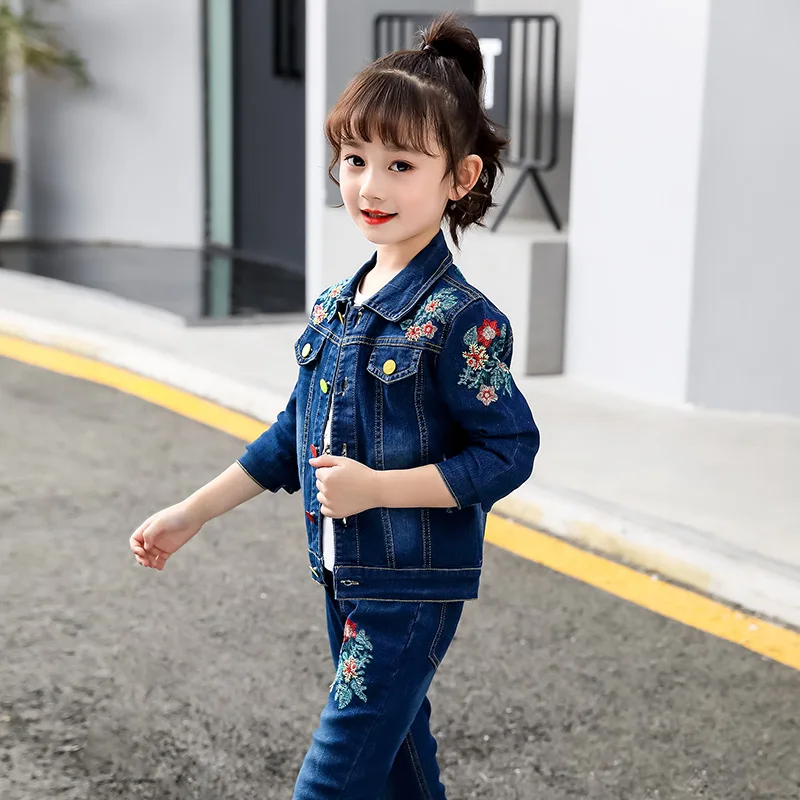 Set di abbigliamento per bambina autunno primavera Set di abbigliamento ricamato per bambini per bambini Giacca di jeans alla moda + pantalone Jean