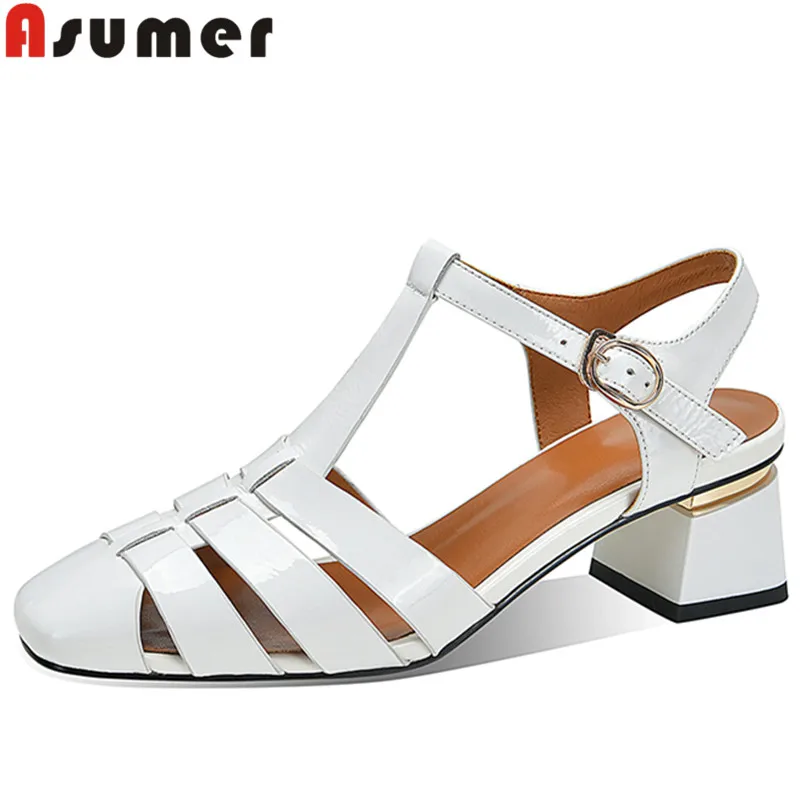 

ASUMER 2022 New Hot Sale Patent Leather Women Sandals Square Med Heels Sandals Rome Ladies Summer Dress Shoes