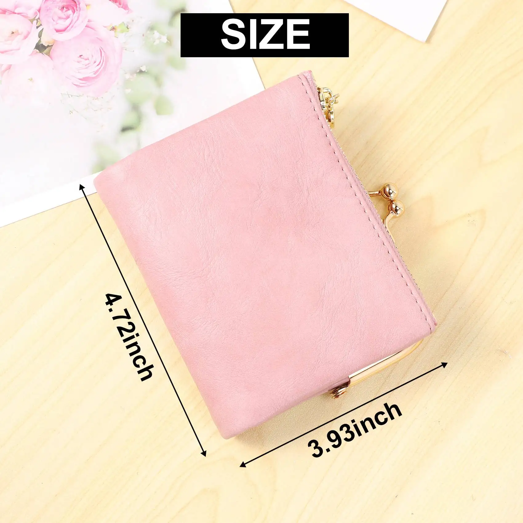 ABQR Women's Short Wallet Bifold Retro Multifunction Coin Purse with Zip and Kiss Lock Pink