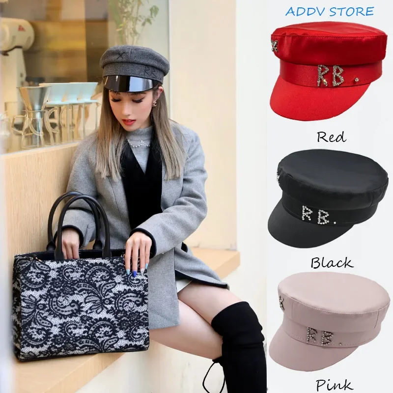 

INS Brand Designer Satin Diamond Letter Newsboy Caps Women Flat Militray Hats for Women Adjustable Beret Hat Casquette Homme