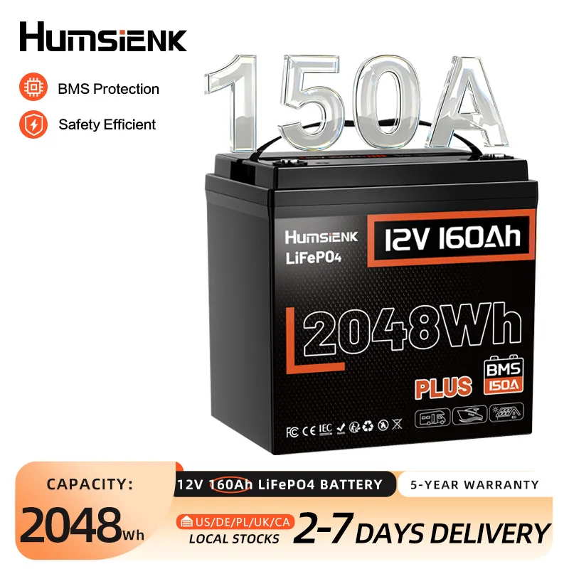 Humsienk 12V 160Ah LiFePO4 Battery Built-in 150A BMS Rechargeable Lithium Battery For RV/ Camping/ Solar Energy Storage/ Fish