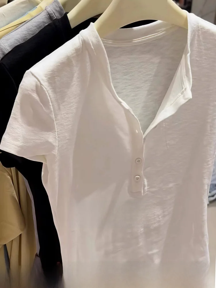 White V-Neck Short Sleeve T-Shirt Women's Fashion Slimming Top Tag Removed Sweet Style Standard Fit Summer Breathable Casual ...