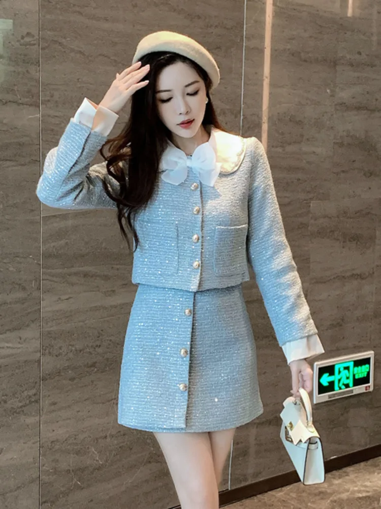 Women Clothing 2024 New Arrivals Luxury Tweed Two Piece Set For Women Sweet Bow Jacket Coat + Skirt 2 Piece Sets Women Outfit