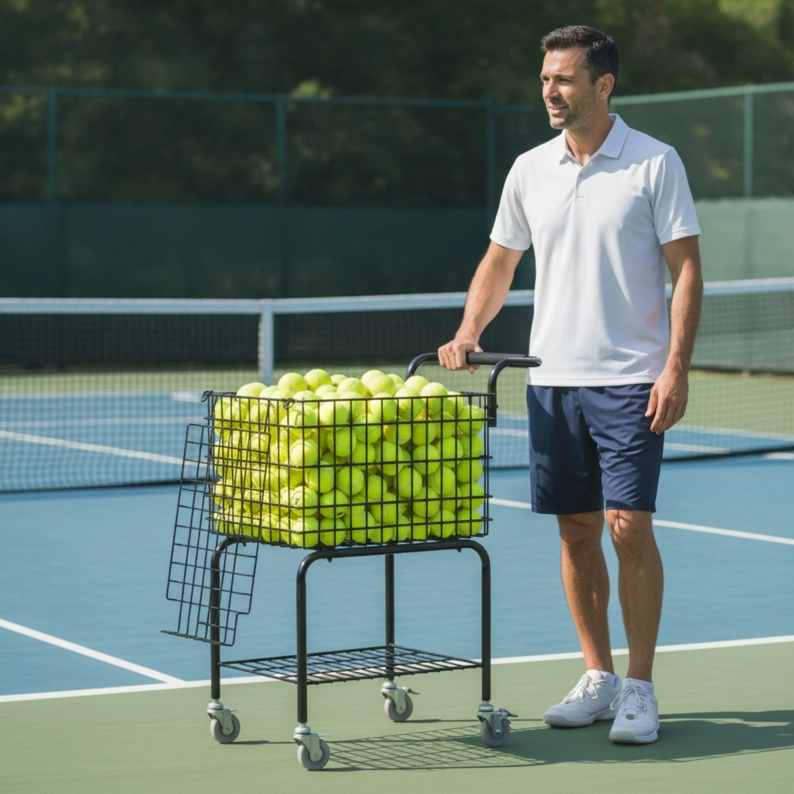 Tennis Ball Cart Long-Lasting Tennis Cart with Wheels Ball Basket with Stand Heavy-Duty Equipment Portable for Coaches