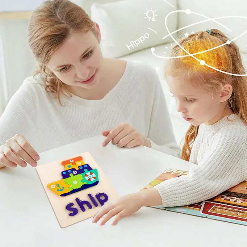 Kleinkind-Holzpuzzles, 3D-Lernpuzzles für Kinder, pädagogisches Entwicklungsspielzeug für Kleinkinder, Farbformen, Wörter lernen