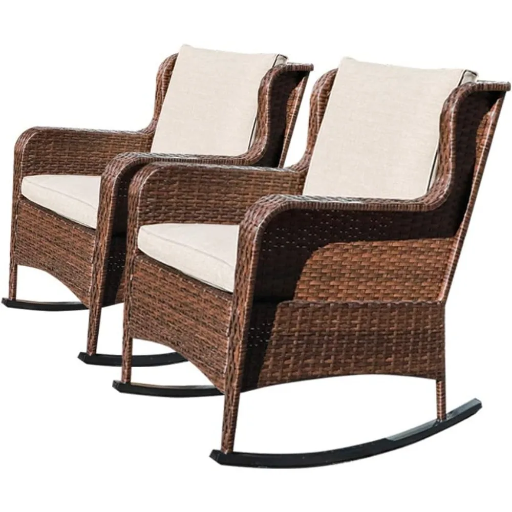 

Outdoor Resin Wicker Rocking Chairs with Olefin Cushions, Set of 2, Patio Yard Furniture Club Rocker Chairs, Brown Wicker & Bei