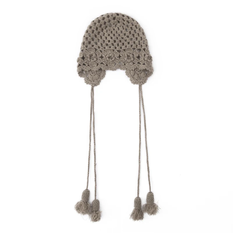 European and American Trend 100% Cashmere Tassel Hat for Women Handmade Knitted Hat Wool Hat Spring and Autumn Hollow Cold Hat