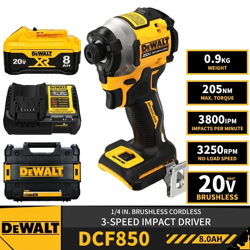 DEWALT DCF850 Kit 1/4in Brushless Cordless 3-Speed Impact Driver 20V Lithium Tool Electric Drill 205NM With Battery Charger