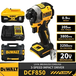 Dewalt-電動インパクトドライバー,コードレスインパクトキットdcf850,3スピード,20v,リチウム電池充電器付き205nm