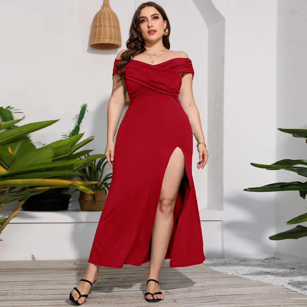 2023 Summer New Off Shoulder Style French Long Split Dress Large Women's Wear