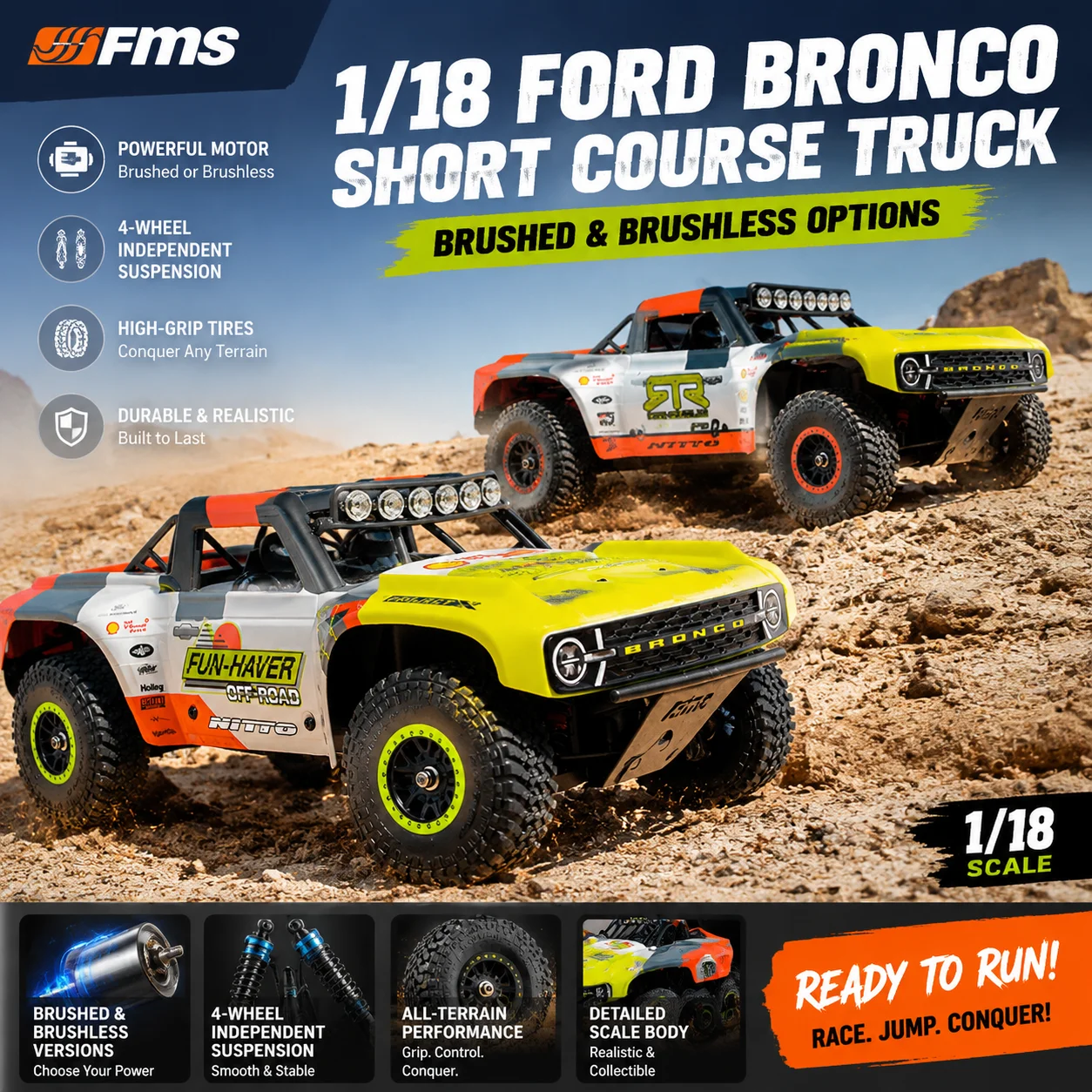 FMS 1/18 Ford Bronco RC Short Course Car Brushed Brushless Version Simulation Racing Remote Control Car Model Hobby Toy For Adul