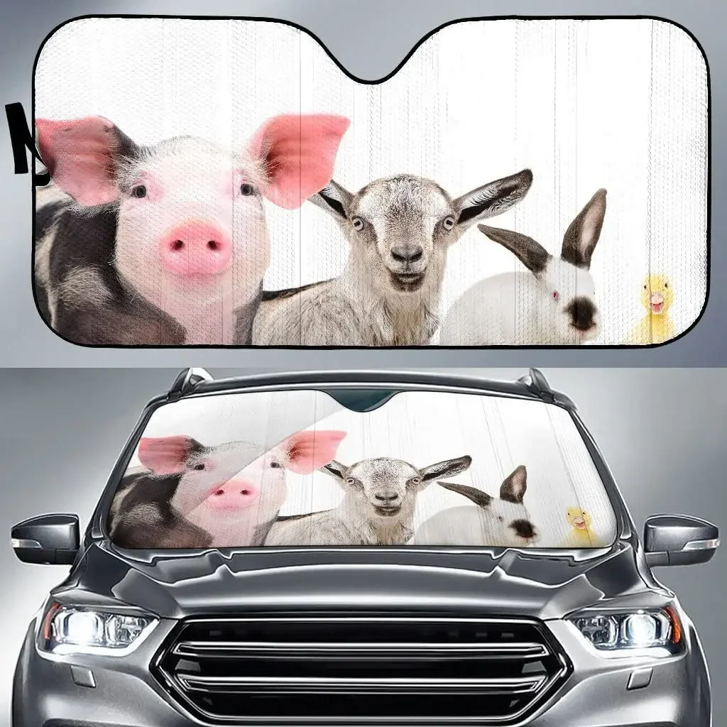 Cute Farm Animals Pig Goat Rabbit and Duck Image Print Car Sunshade, Cute Farm Animals in White Background Image Auto Sun Shade,