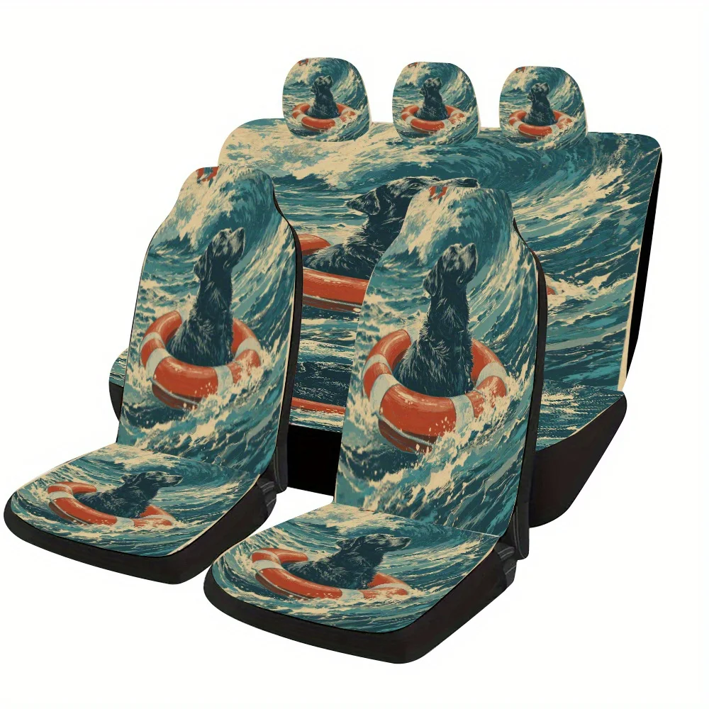 Black Dog Floating Lifebuoy Themed Car Seat Cover Set, Suitable For Most Cars, Stylish And Uniquely Decorative Car Seat Protecti