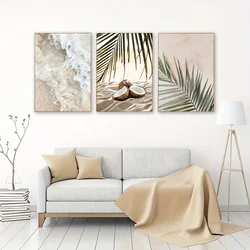 3PCS Frameless Seascape Poster White Waves Beach Palm Leaves Coconut Canvas Painting Landscape Picture Wall Art Decor for Home