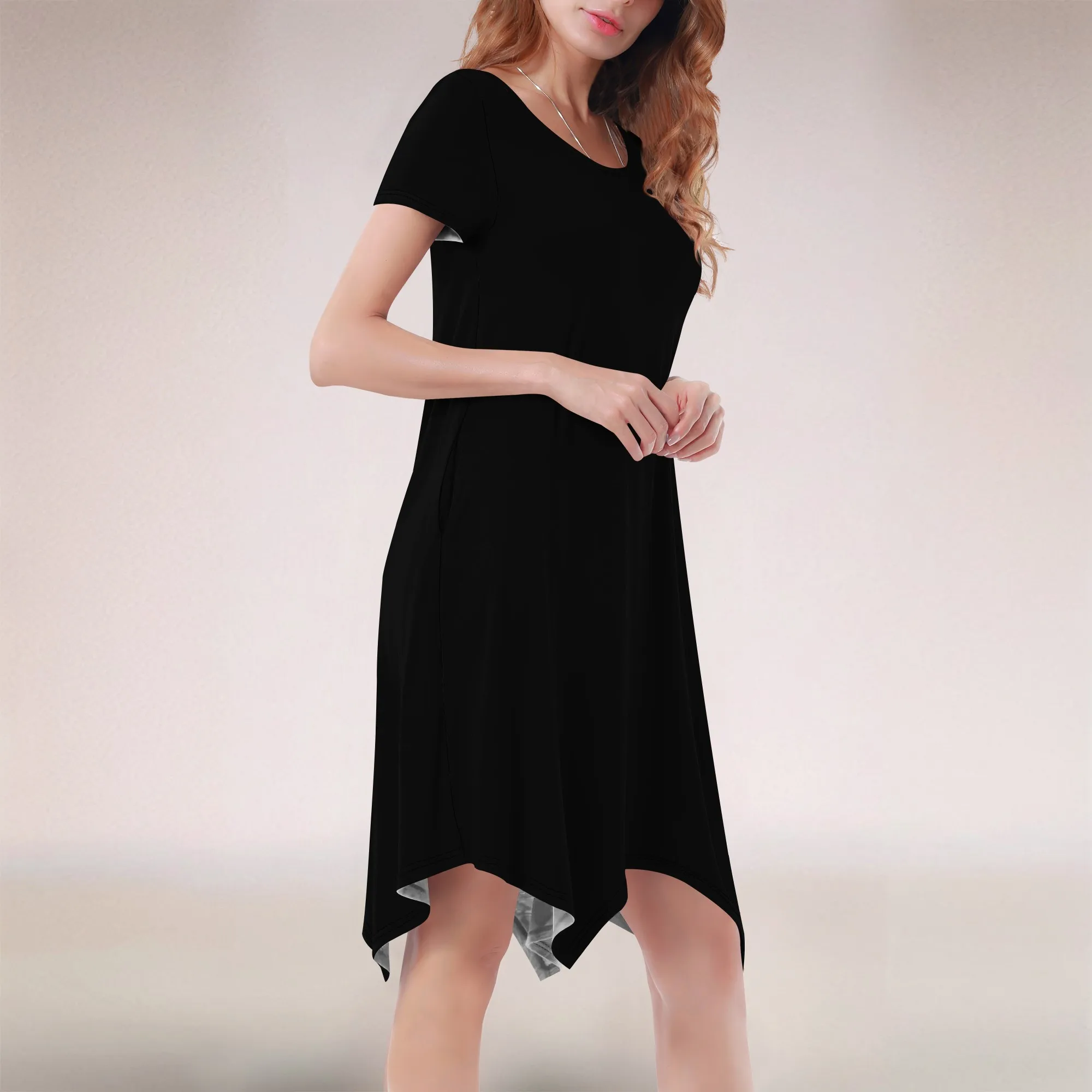 Women Casual Loose Soft Crewneck Short Sleeve Pockets Swing T-Shirt Dress