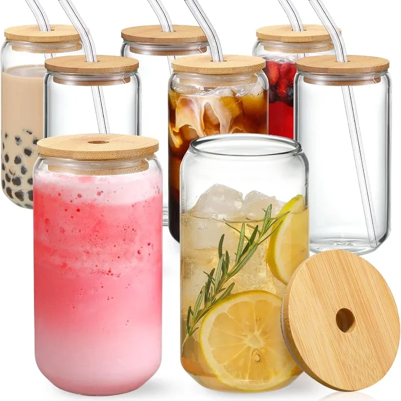 

Cocktail supplies for beer and iced coffee cups with bamboo lids and glass straws