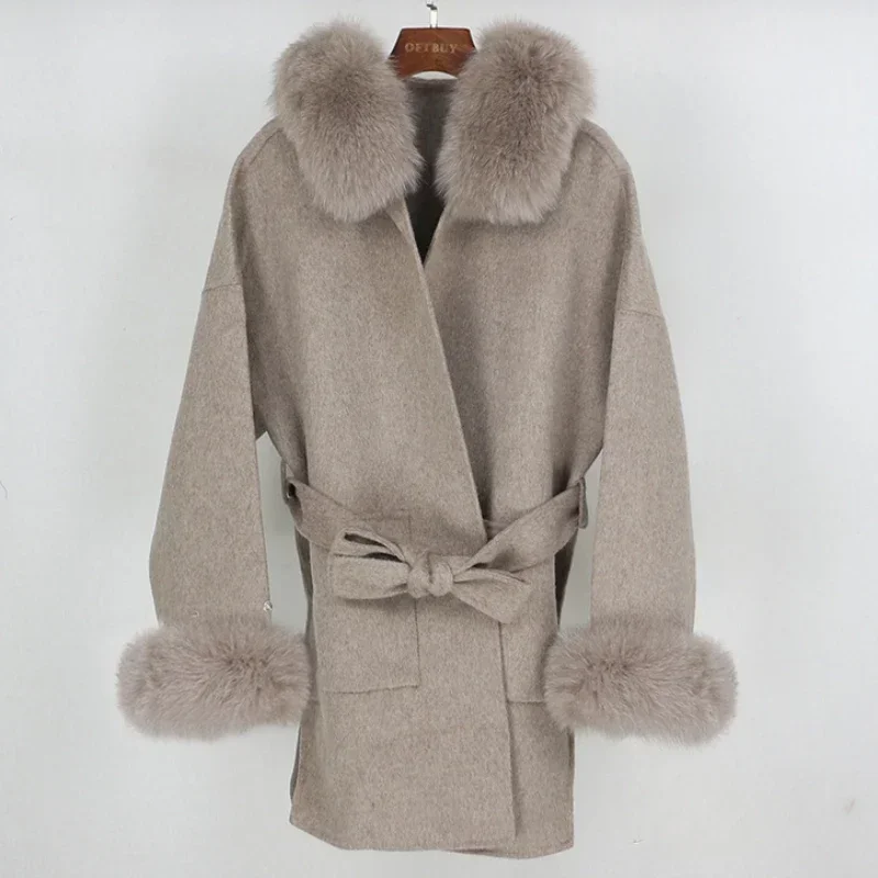 

MENINA Autumn Winter Detachable Natural Fox Fur Collar Doublesided Cashmere Coat for Women Mid-length Hooded Lace-up Woolen Coat