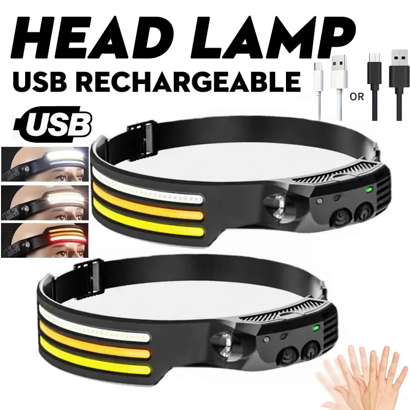 

COB Sensor Headlamp Induction USB Rechargeable Camping Fishing LED Head Flashlight Torch Adjustable Beam 5 Modes for Work Hiking
